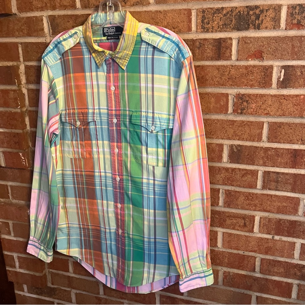 Vtg Polo Ralph Lauren Men M Military Bright Madras Button Up Long Sleeve Shirt
